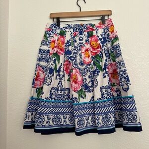 Talbots Bold Floral and Blue Tile Mediterranean Style Pleated Skirt
